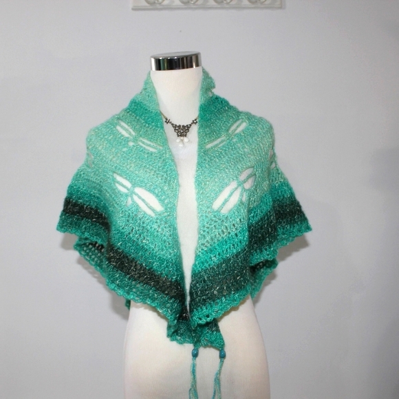 Dragonfly Crochet Shawl Wrap Teal Aqua Soft HANDCRAFTED - Picture 2 of 13
